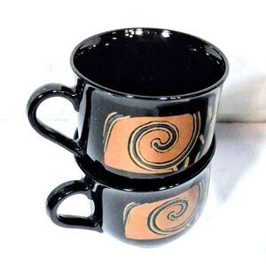 Set Of 6 Vintage Arcoroc Of France Black Striking Design Coffee Cups and Saucers